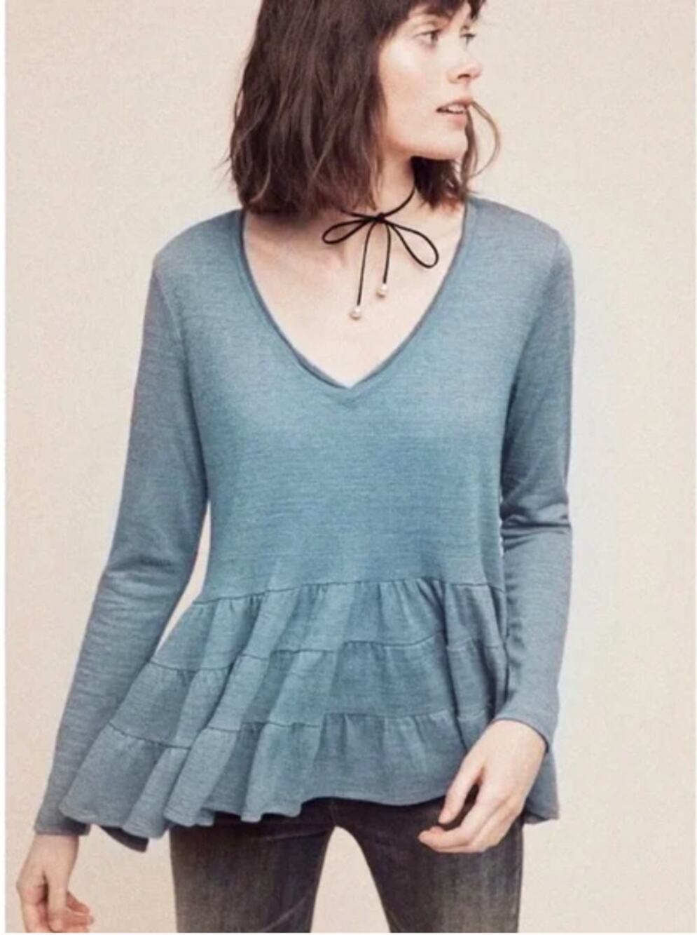Anthropologie Deletta Thea Tiered Ruffle Peplum Teal Blue V Neck Shirt Top XS